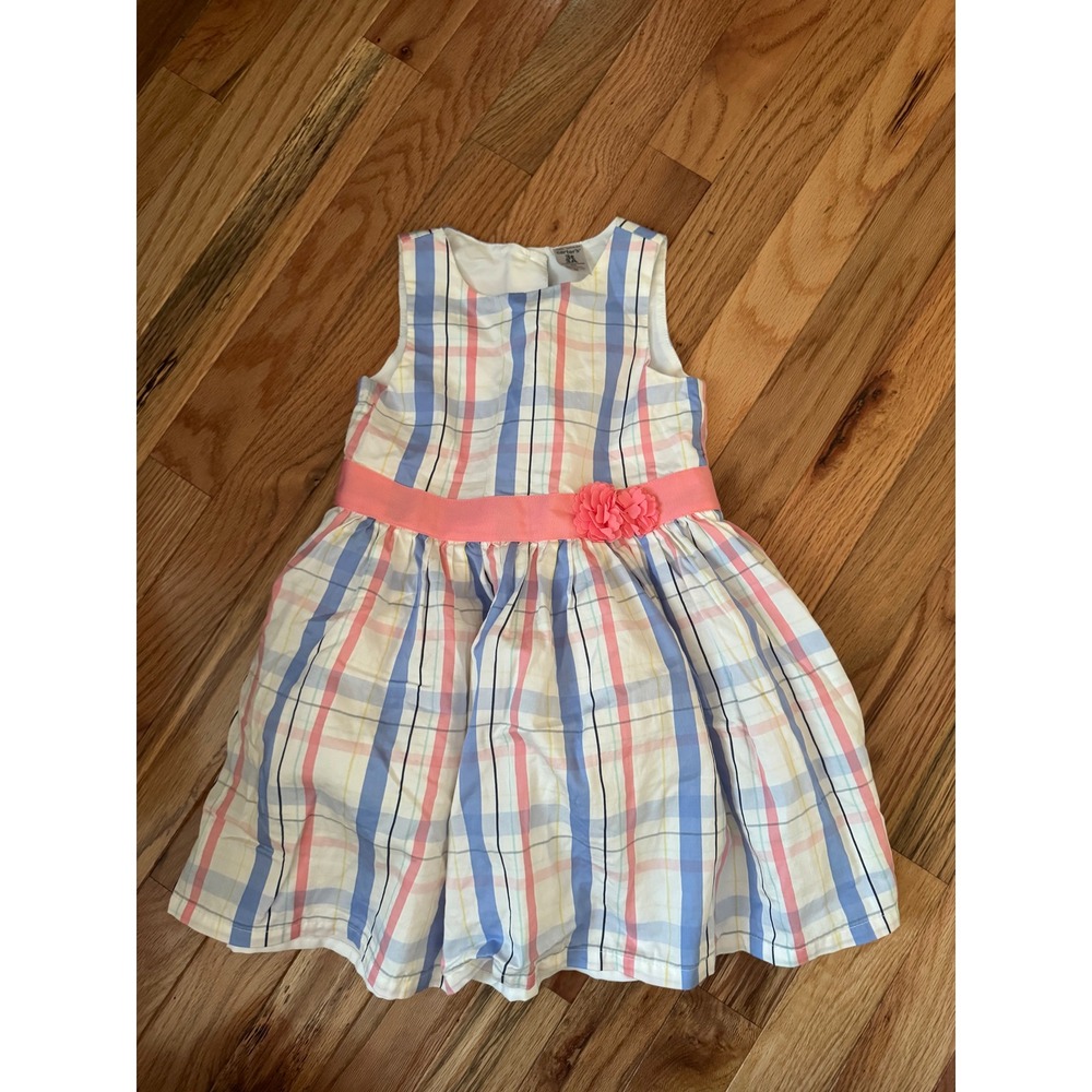 Carters Toddler Girls 3T Plaid Sleeveless Dress Pink Blue with Flower